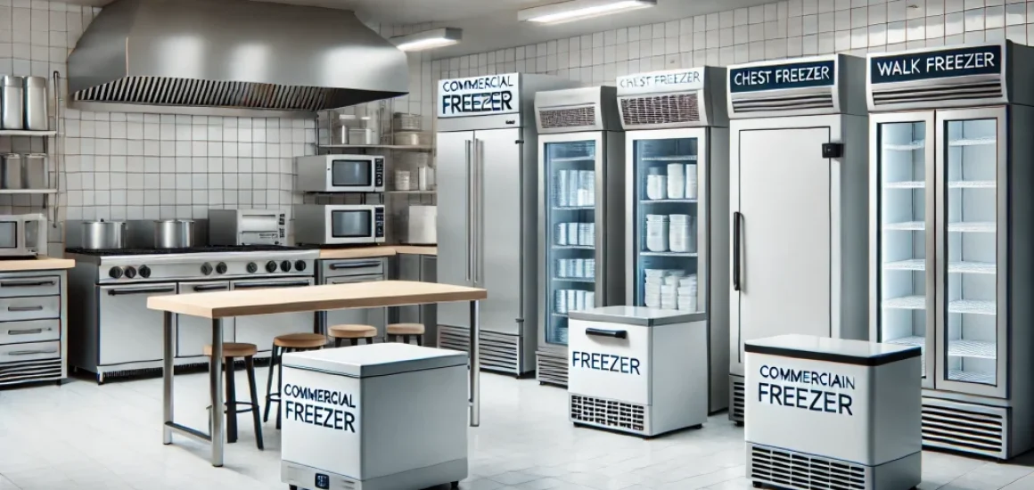 A clean, modern commercial kitchen setting showcasing various types of commercial freezers. The scene includes an upright freezer, a chest freezer, an under-counter freezer, and a walk-in freezer. Each freezer is clearly labeled. The background is well-lit, highlighting the sleek and professional design of the freezers. The kitchen has a professional and clean look, suitable for a business or commercial kitchen environment.