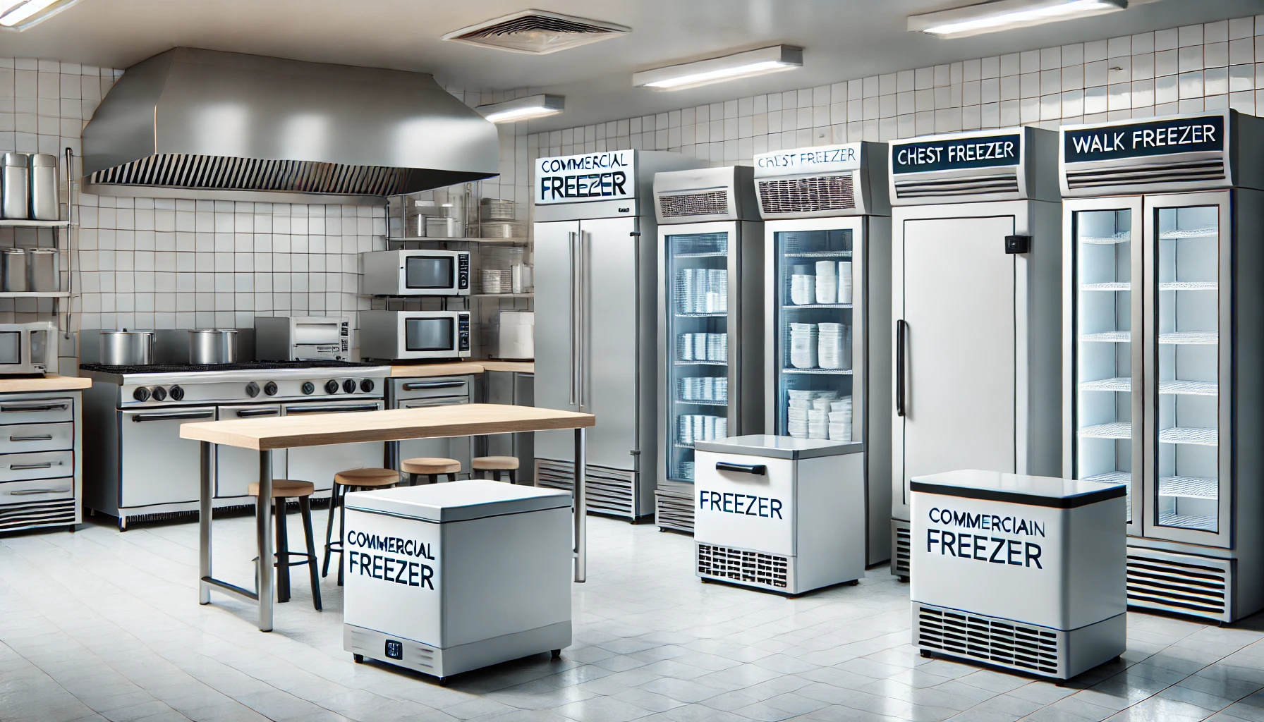 A clean, modern commercial kitchen setting showcasing various types of commercial freezers. The scene includes an upright freezer, a chest freezer, an under-counter freezer, and a walk-in freezer. Each freezer is clearly labeled. The background is well-lit, highlighting the sleek and professional design of the freezers. The kitchen has a professional and clean look, suitable for a business or commercial kitchen environment.