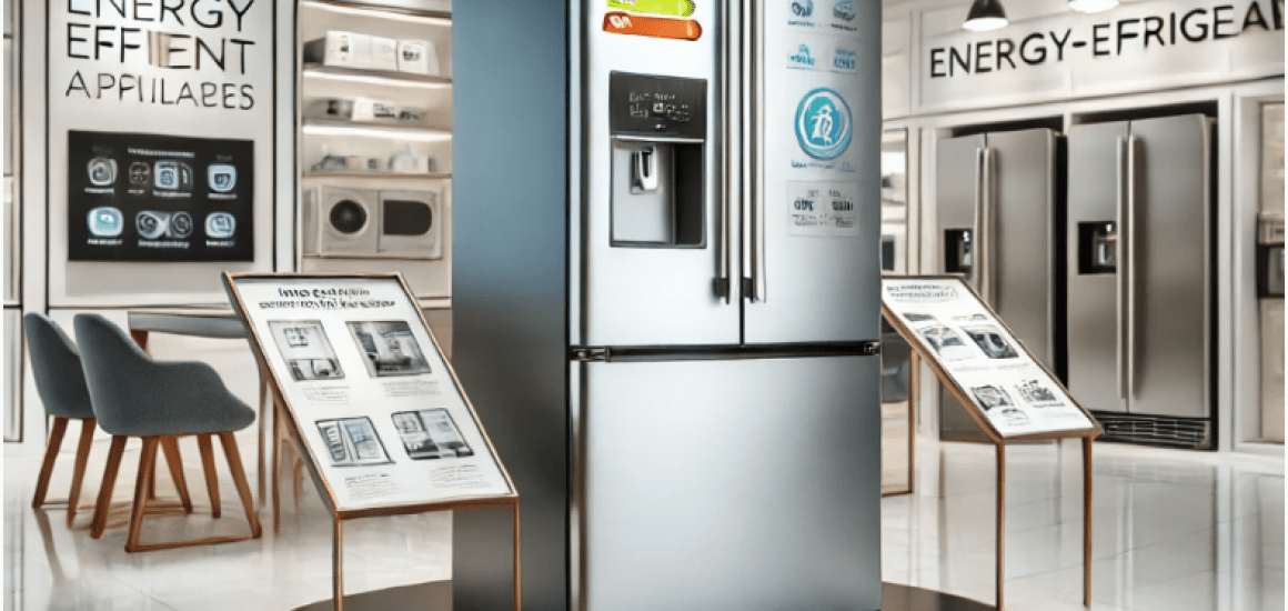 Commercial display of an energy-efficient mini refrigerator with a stainless steel finish, highlighted in a showroom setting.