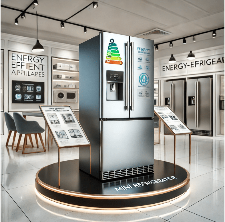 Commercial display of an energy-efficient mini refrigerator with a stainless steel finish, highlighted in a showroom setting.