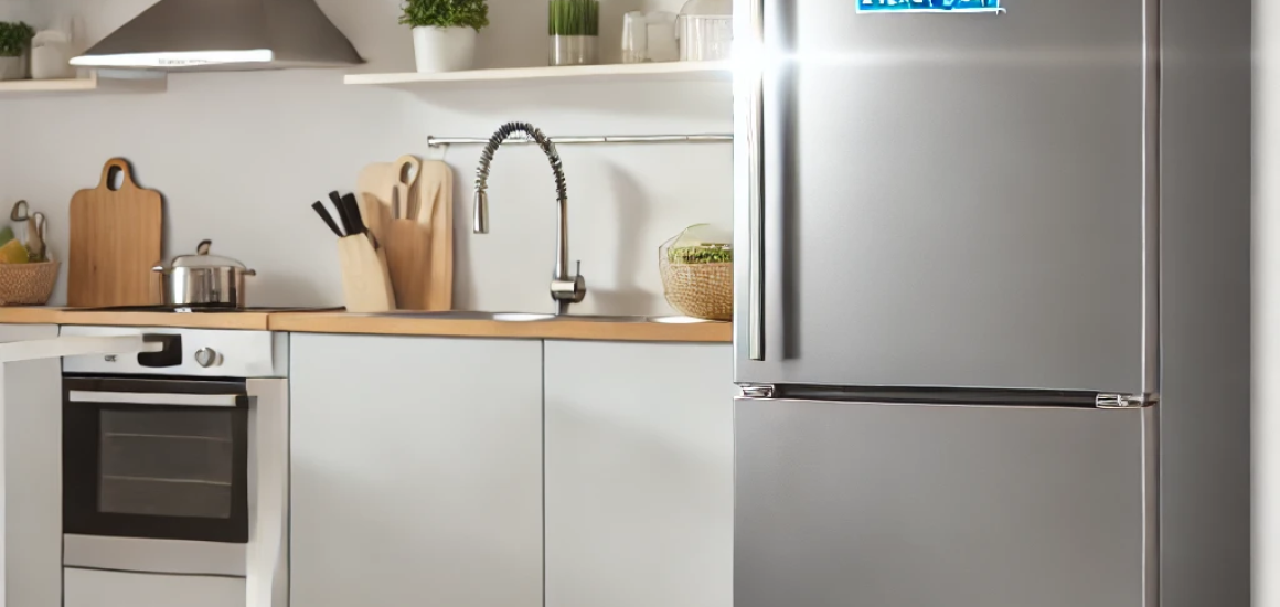 Energy efficient refrigerator in a modern kitchen with Freeze Edge logo.