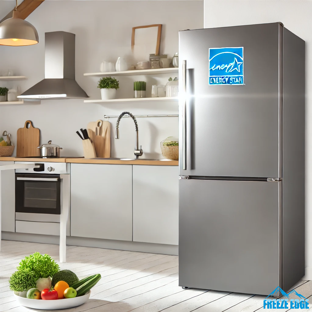 Energy efficient fridge in a modern kitchen with Freeze Edge logo.